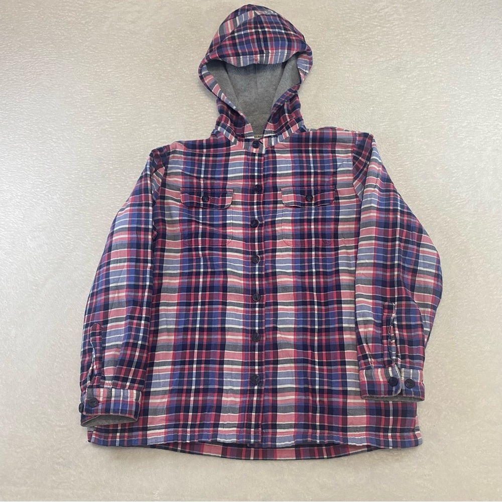 LL BEAN Womens Medium Fleece Sherpa Lined Flannel Jacket Hoodie Shacket Purple